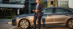 Dirigeant tenant ses cles de voiture devant son vehicule sur le parking de son entreprise