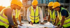 Réunion sur un chantier du bâtiment, équipe avec casques et plans