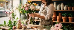 Fleuriste préparant une composition florale dans sa boutique de quartier