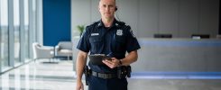 Agent de sécurité privée en uniforme à l'accueil d'un immeuble de bureaux