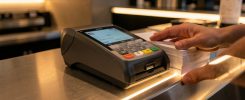 Terminal de paiement de caisse moderne sur un comptoir de restaurant, avec lecteur de pourboire et tickets de service, ambiance chaleureuse et éclairage LED doux.