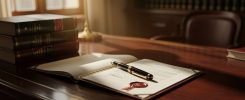 Bureau de notaire avec documents juridiques officiels et plume