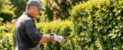 Paysagiste taillant une haie dans un jardin verdoyant