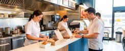 Equipe en uniforme preparant des commandes au comptoir d un restaurant rapide