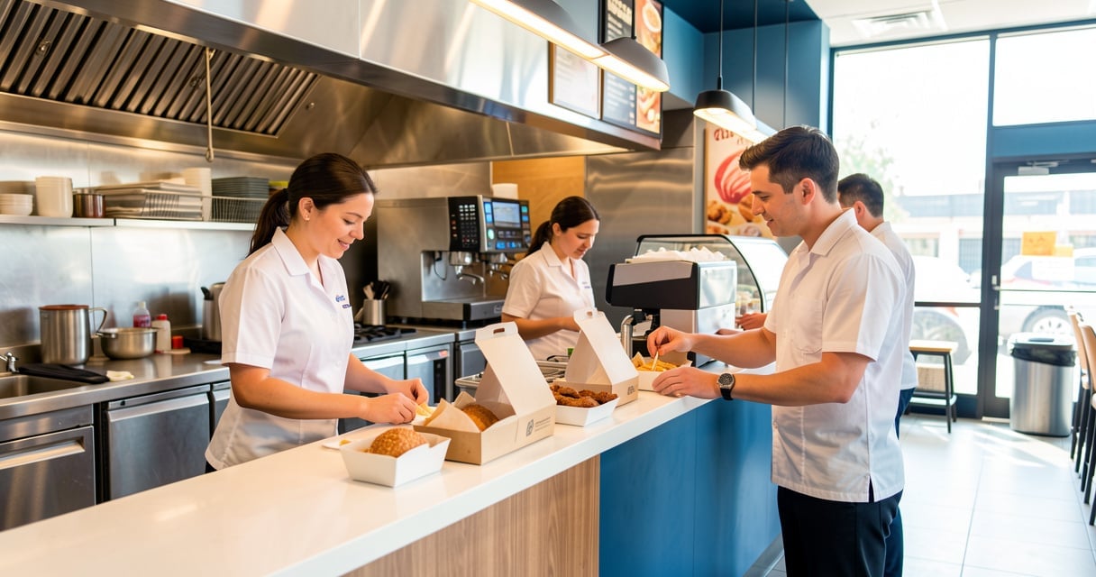 Equipe en uniforme preparant des commandes au comptoir d un restaurant rapide