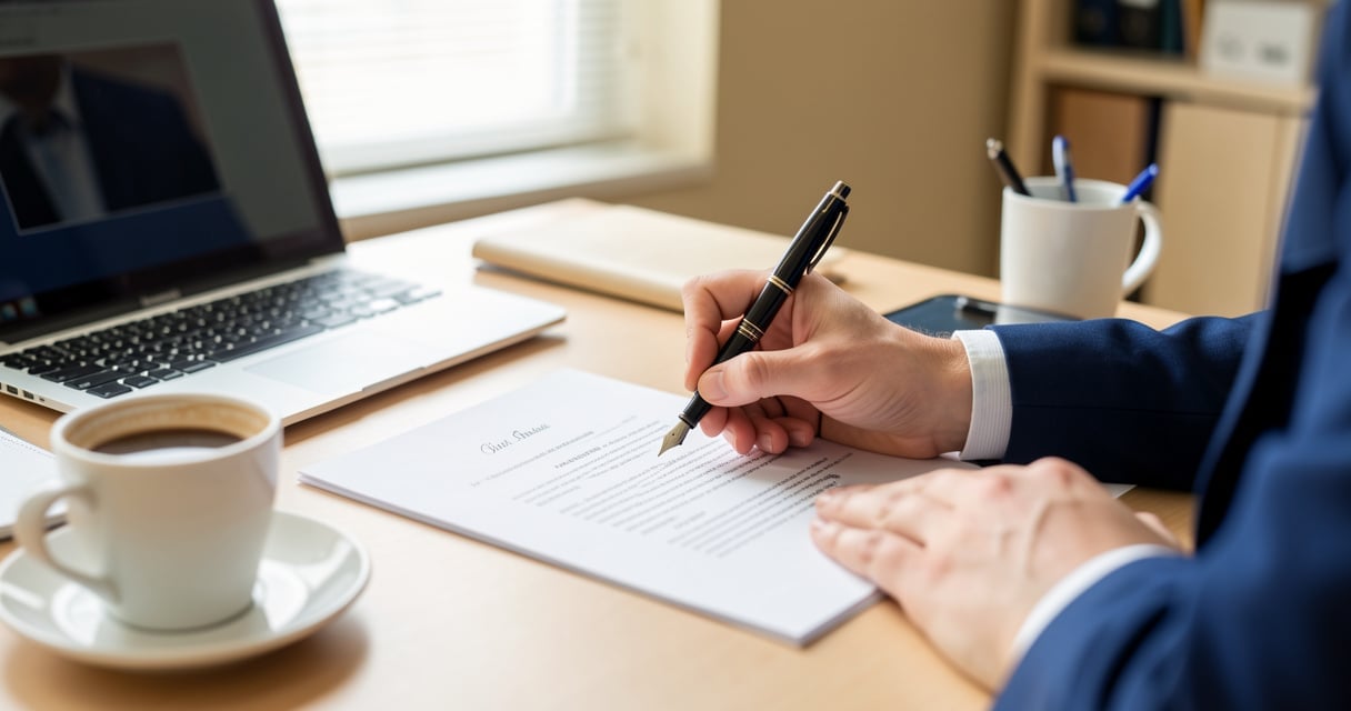 Personne signant une lettre de démission sur un bureau professionnel