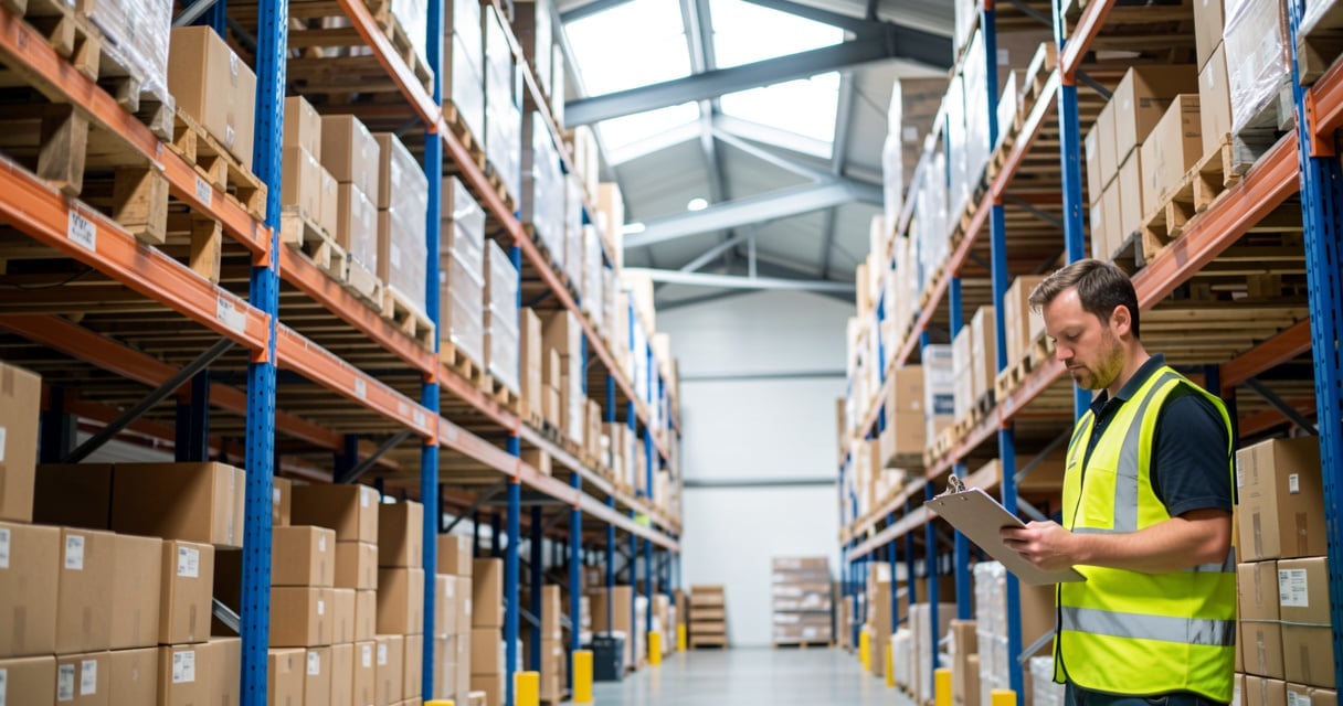 Entrepot de commerce de gros avec rayonnages et palettes