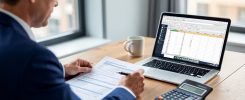 Dirigeant remplissant sa déclaration de TVA à son bureau avec un ordinateur portable