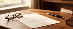 Lettre de départ en retraite posée sur un bureau à côté de lunettes et d'un stylo