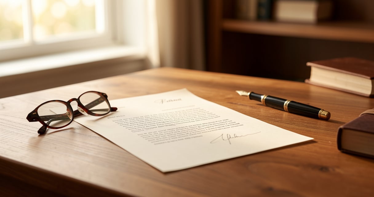 Lettre de départ en retraite posée sur un bureau à côté de lunettes et d'un stylo