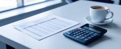 Modele de fiche de paie 2025 pose sur un bureau avec une calculatrice
