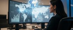 Une analyste examine des données abstraites de recherche sur deux écrans, dans un bureau moderne évoquant les échanges d’informations à l’international, sans texte ni marque identifiable.