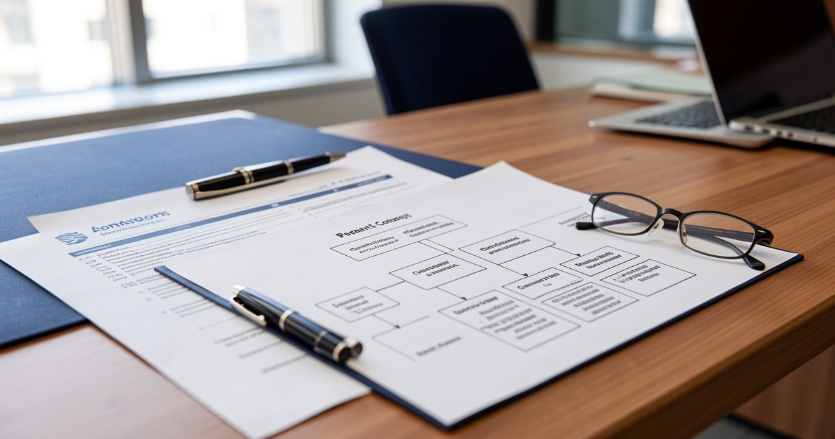 Documents d'immatriculation et organigramme d'une holding posés sur un bureau