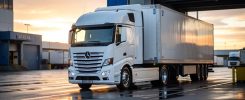 Camion semi-remorque à quai dans un dépôt logistique au lever du jour