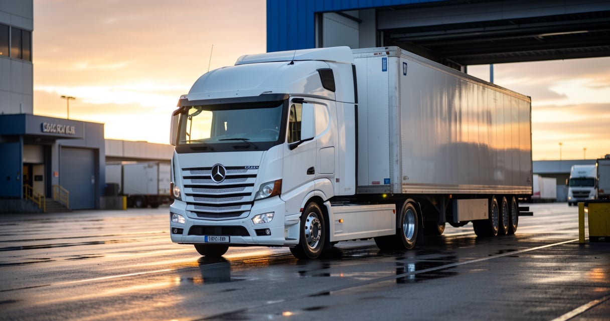 Camion semi-remorque à quai dans un dépôt logistique au lever du jour