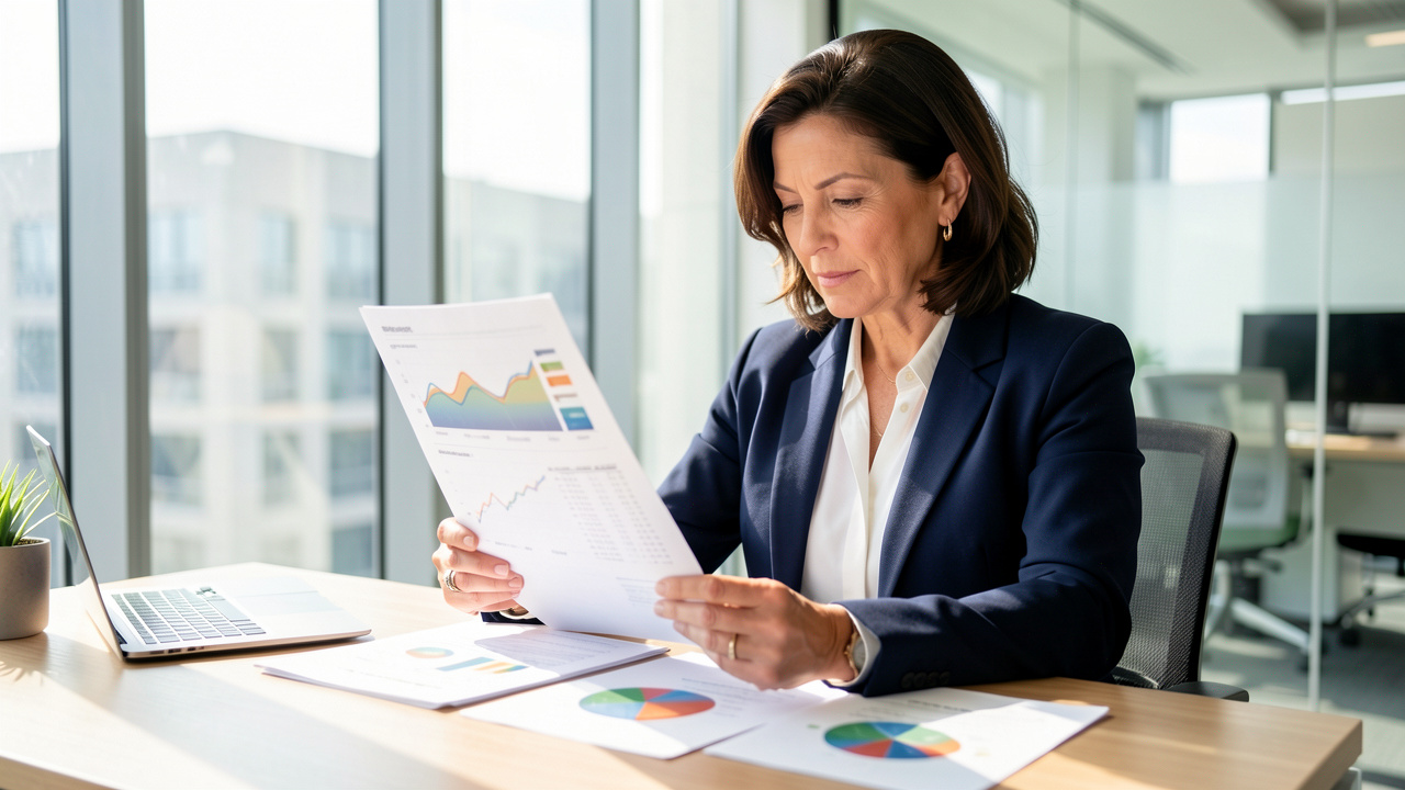 Une dirigeante analyse des relevés financiers et des graphiques de trésorerie dans un bureau moderne et lumineux.