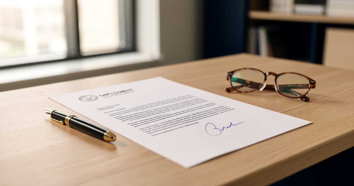 Lettre de promesse d'embauche signée posée sur un bureau avec un stylo