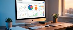 Bureau marketing moderne avec écran affichant des graphiques analytiques abstraits et un tableau de veille concurrentielle visuelle.