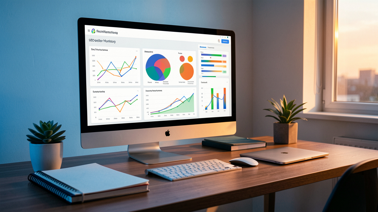 Bureau marketing moderne avec écran affichant des graphiques analytiques abstraits et un tableau de veille concurrentielle visuelle.