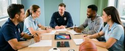 Équipe dirigeante composée d’hommes et de femmes réunie autour d’une table avec des documents vierges, une tablette et plusieurs équipements sportifs.